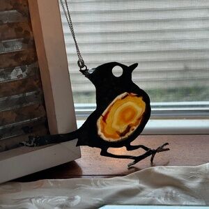 Vintage Brumm Black Metal Bird Sun Catcher Polished Orange Yellow Agate Center